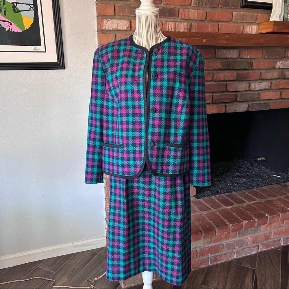 VTG Pendleton 100% Wool Plaid Skirt & Jacket Set Purple & Turquoise Sz 14W/16